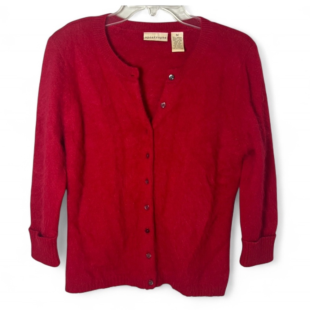 Apostrophe VTG Rabbit Hair Angora Red Cardigan Sweater Old Money Luxury Size M